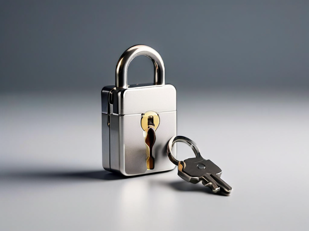 Small metal lock, closed key case, and blank security card arranged on a matte gray surface for account safety preparation.