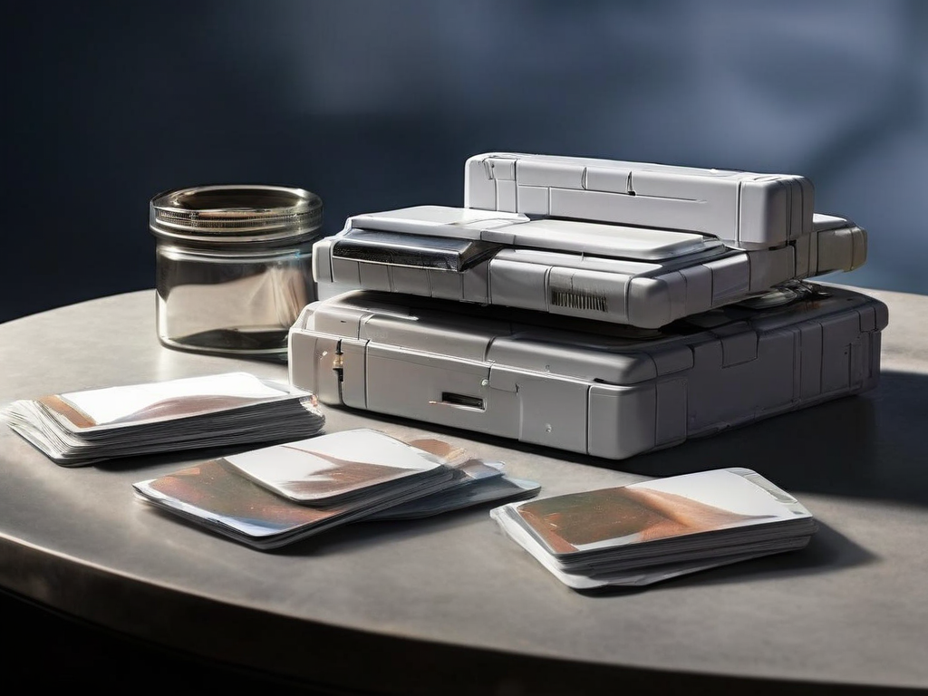 Stacked blank memory cards and a sealed drive with a verification stamp rest on a neutral acrylic tray on a stone counter.