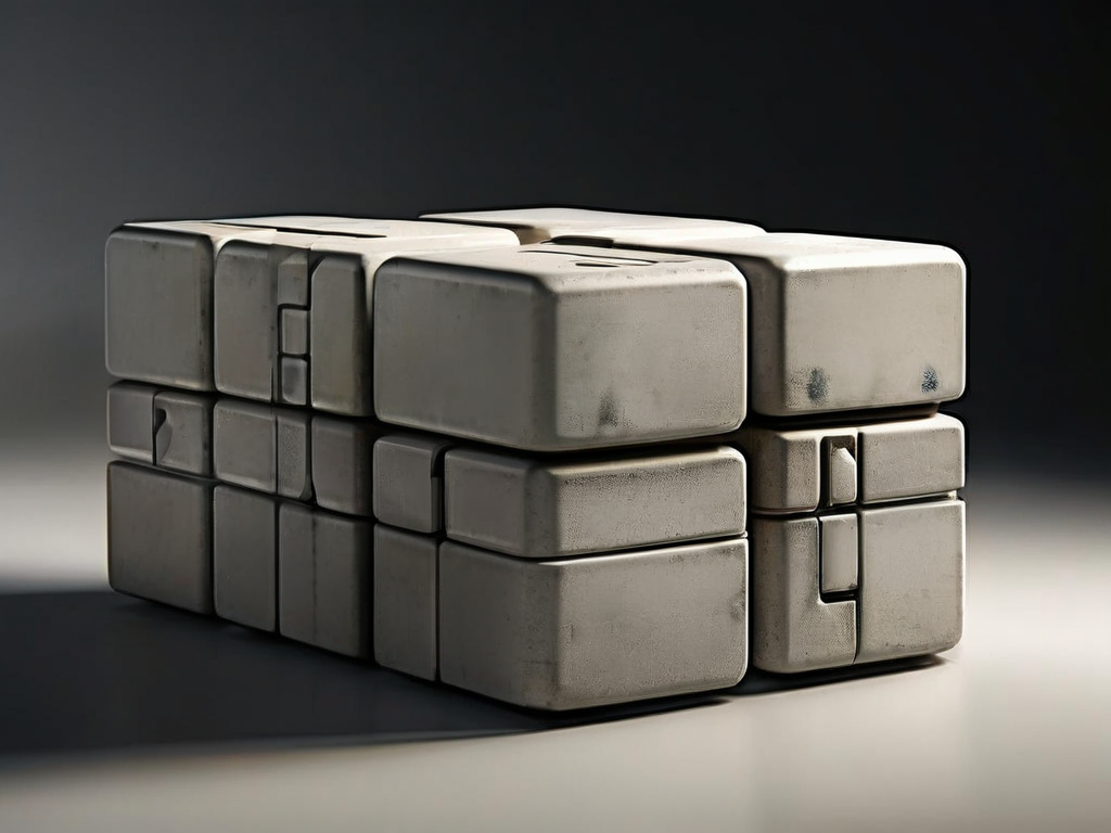 A neutral acrylic tray holds aligned storage blocks with engraved codes on a stone counter.