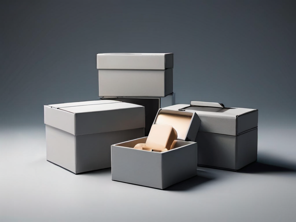 Small archive boxes and blank compartment inserts arranged on a matte gray surface, soft side light, clean shadows, minimal.