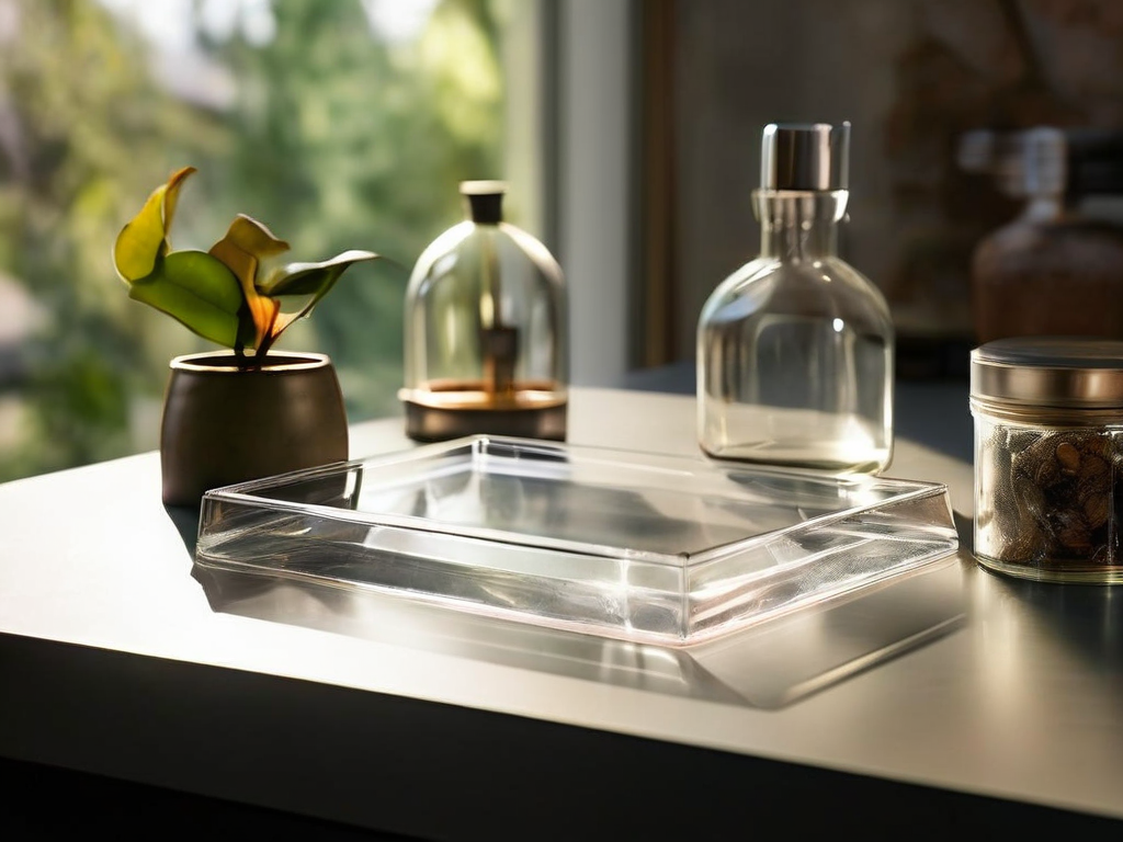 Clear plastic sleeve with one blank card inside a neutral acrylic tray on a stone counter, soft studio light, sharp focus.