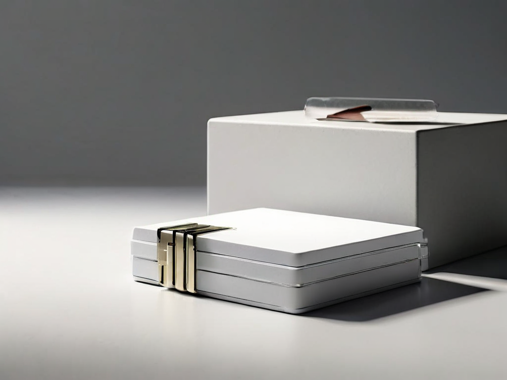 Stack of blank specification cards beside a locked storage block on a neutral stone counter.