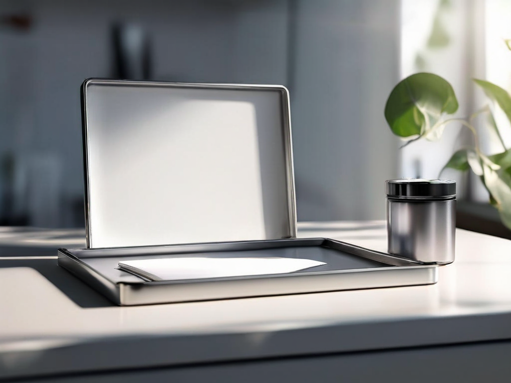 A brushed metal tray holding blank white divider cards, with morning light casting soft shadows across the organized set.