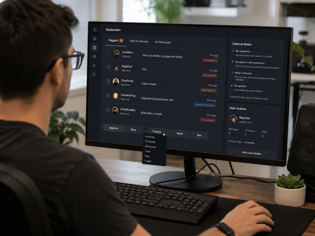 Channel moderator reviewing flagged chat messages and choosing actions such as approval, timeout, mute, or ban under the creator’s community rules.