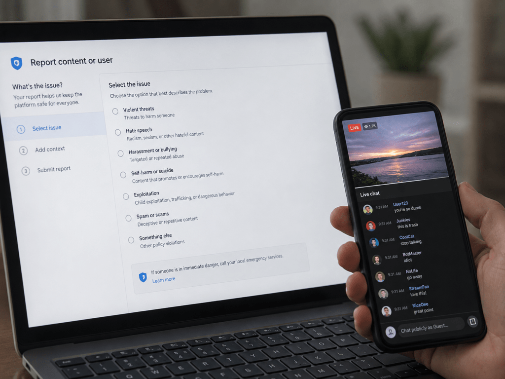 Viewer reporting harmful live-chat messages through the platform’s reporting system, with categories for threats, hate speech, harassment, and scams.
