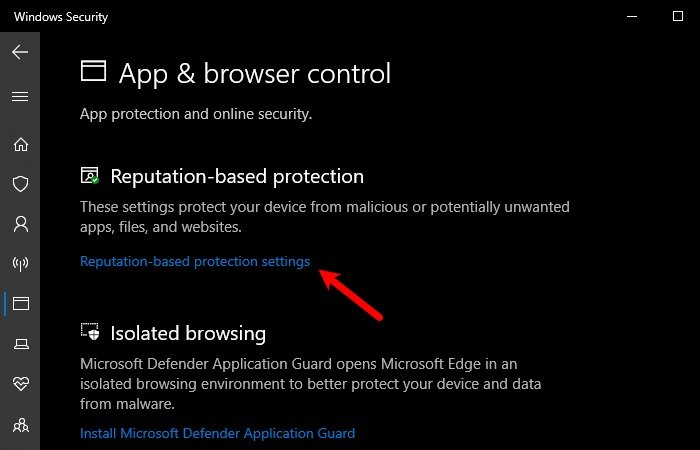 Windows Security reputation-based protection settings for blocking potentially unwanted apps and downloads.