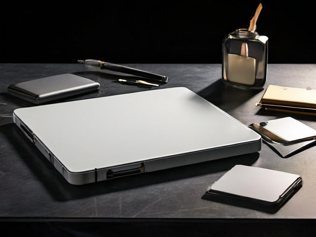 A sealed portable drive and blank cards arranged on a neutral acrylic tray for careful file review.