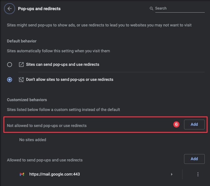 Chrome site settings for blocking suspicious notifications, pop-ups, and redirects.
