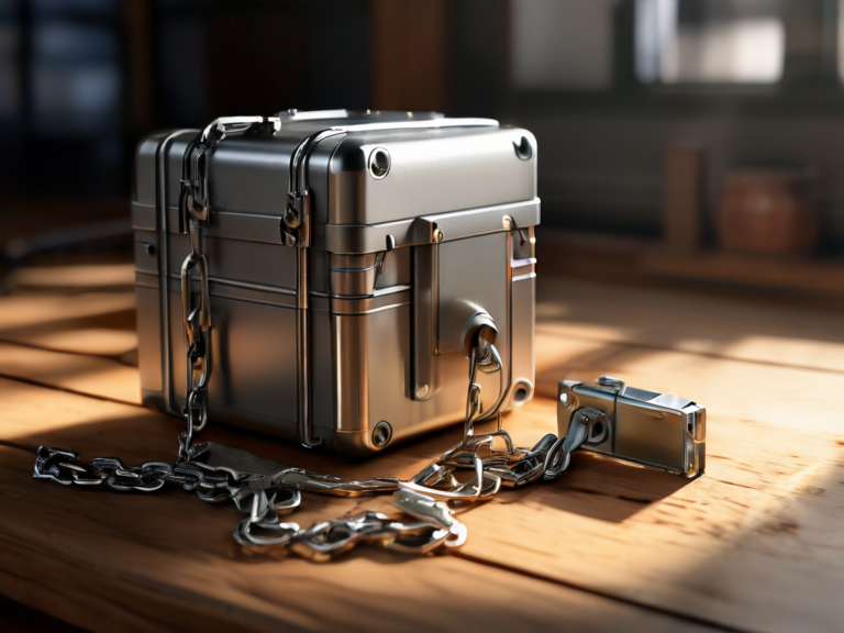 Storage case with chain and location blocks on brushed metal surface, morning light, shallow depth of field.