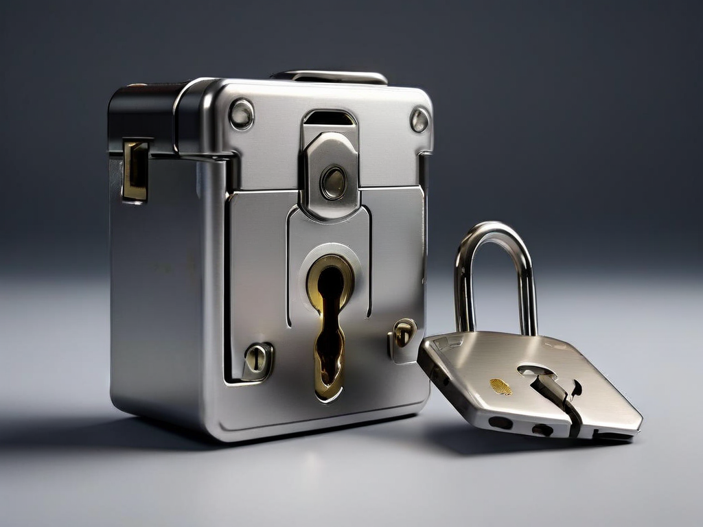 Small metal lock, closed key case, and blank security card on a matte gray studio surface, soft side light, clean shadows.
