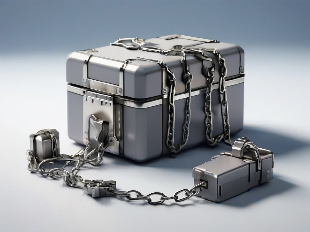 A sealed storage case with a short metal chain and small blocks on a matte gray surface.
