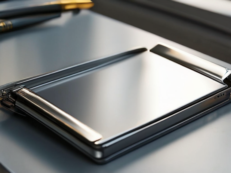 Brass divider cards in a compact storage tray on a brushed metal surface, angled morning light, shallow depth of field.