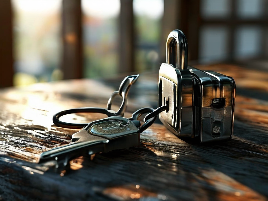 Small metal lock and closed key case on brushed metal surface with morning light.
