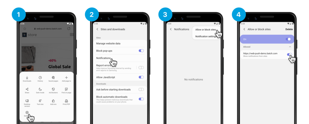 Samsung phone settings for disabling notification permission granted to a suspicious website in Samsung Internet or Chrome.